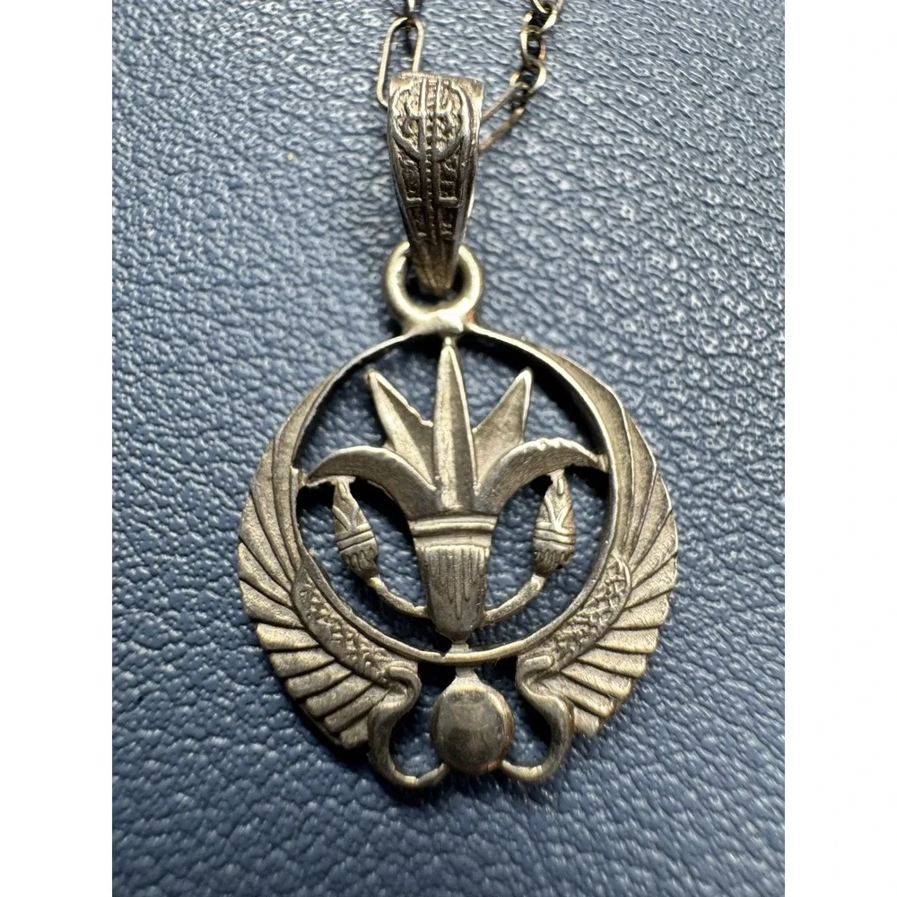 Vintage Egyptian Revival Lotus Winged Pendant Necklace Silver Tone Openwork